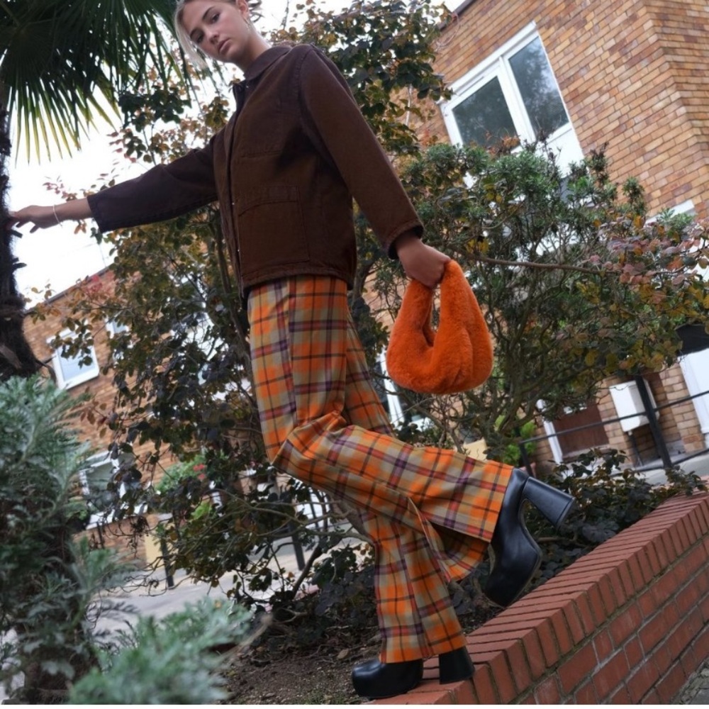 Zara Plaid Orange and Purple high rise Pants with side slits-NWT